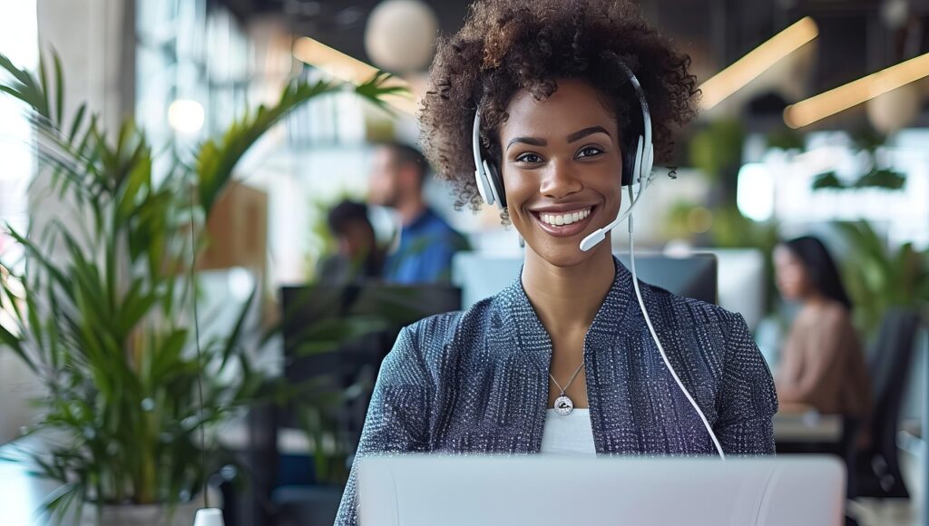 Smiling woman with a headset works on a laptop in a bright, modern office with plants and blurred colleagues in the background.