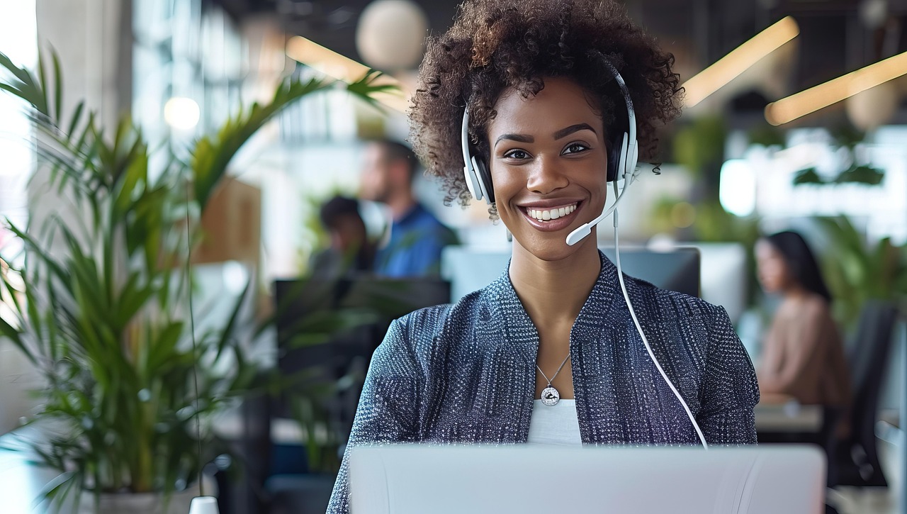 Smiling woman with a headset works on a laptop in a bright, modern office with plants and blurred colleagues in the background.