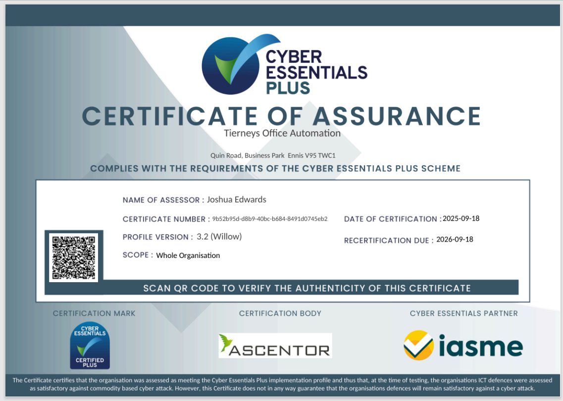 Cyber Essentials Plus Certificate of Assurance