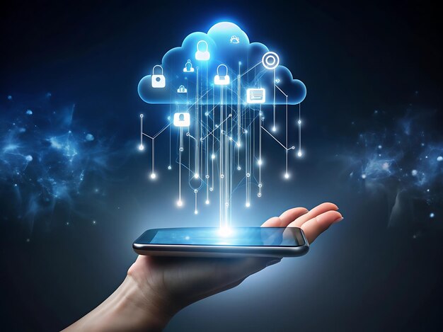 A hand holds a mobile phone with glowing cloud icons and data connections emerging above it, symbolising cloud computing technology.