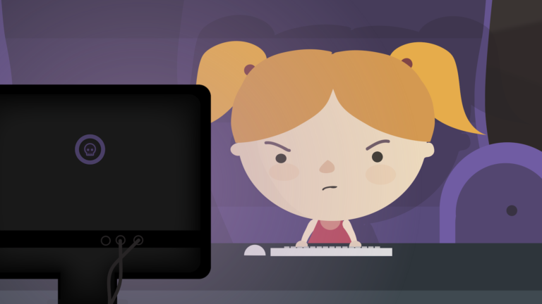 Animated girl with orange plaits frowning while typing on a keyboard, facing a computer screen in a dimly lit room.