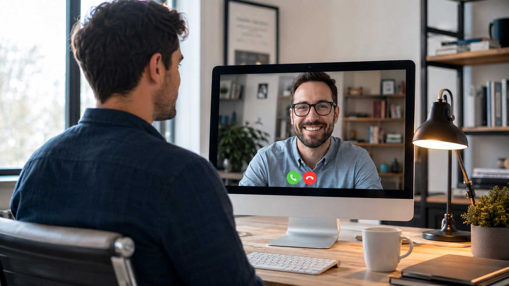 A man sits at a desk having a video call with another smiling man displayed on a computer screen in a home office setting.