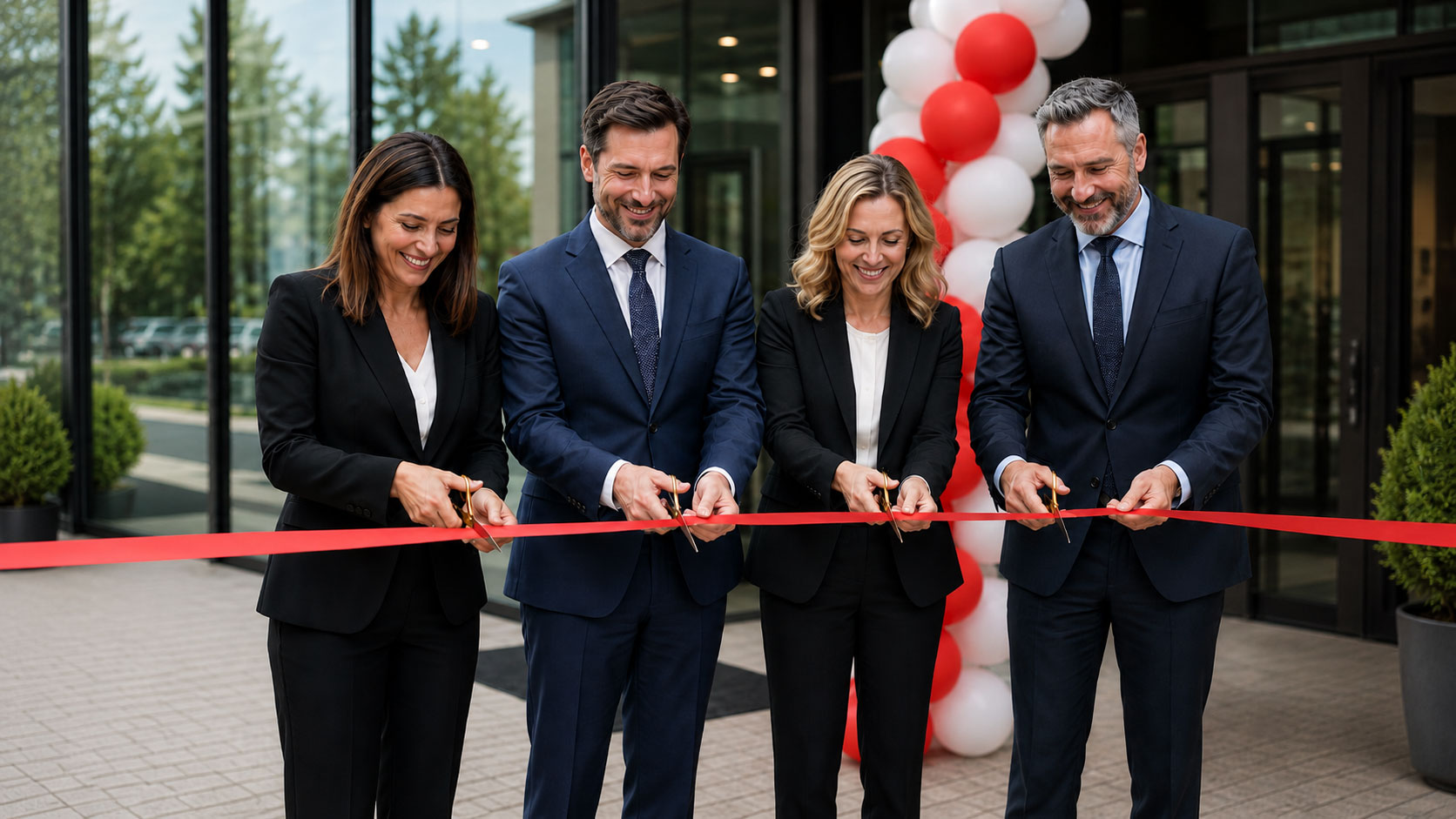 Four people in business attire cut a red ribbon at an outdoor ceremony, with balloons and a building entrance in the background.